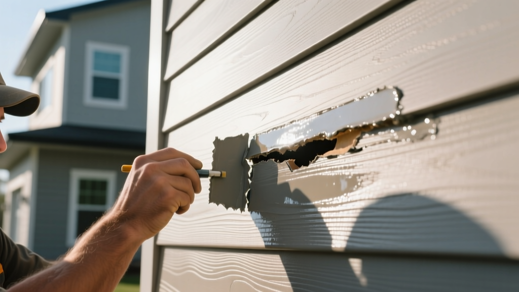 Close-up of a contractor applying color-matched polyurethane exterior filler to a gouged poly-ash composite siding panel on a modern home exterior