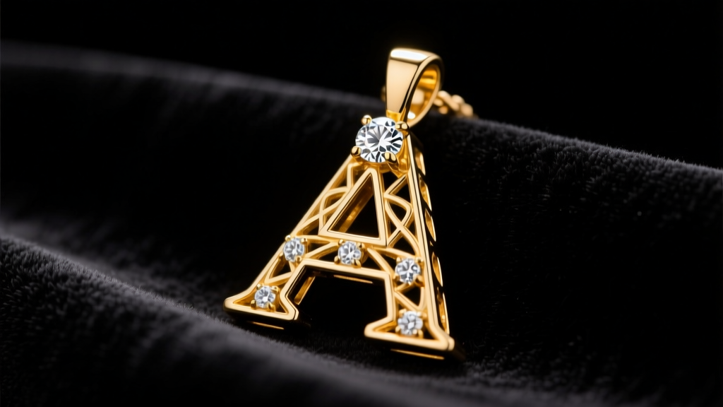 Close-up of a custom 18k yellow gold and VVS diamond letter A pendant resting on black velvet under bright studio lighting.