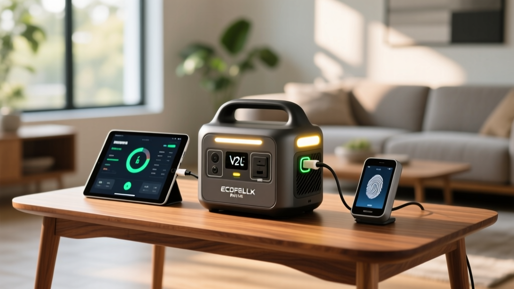EcoFlow Delta Pro battery plugged into an EV V2L port, powering a tablet and biometric scanner on a wooden mobile desk.