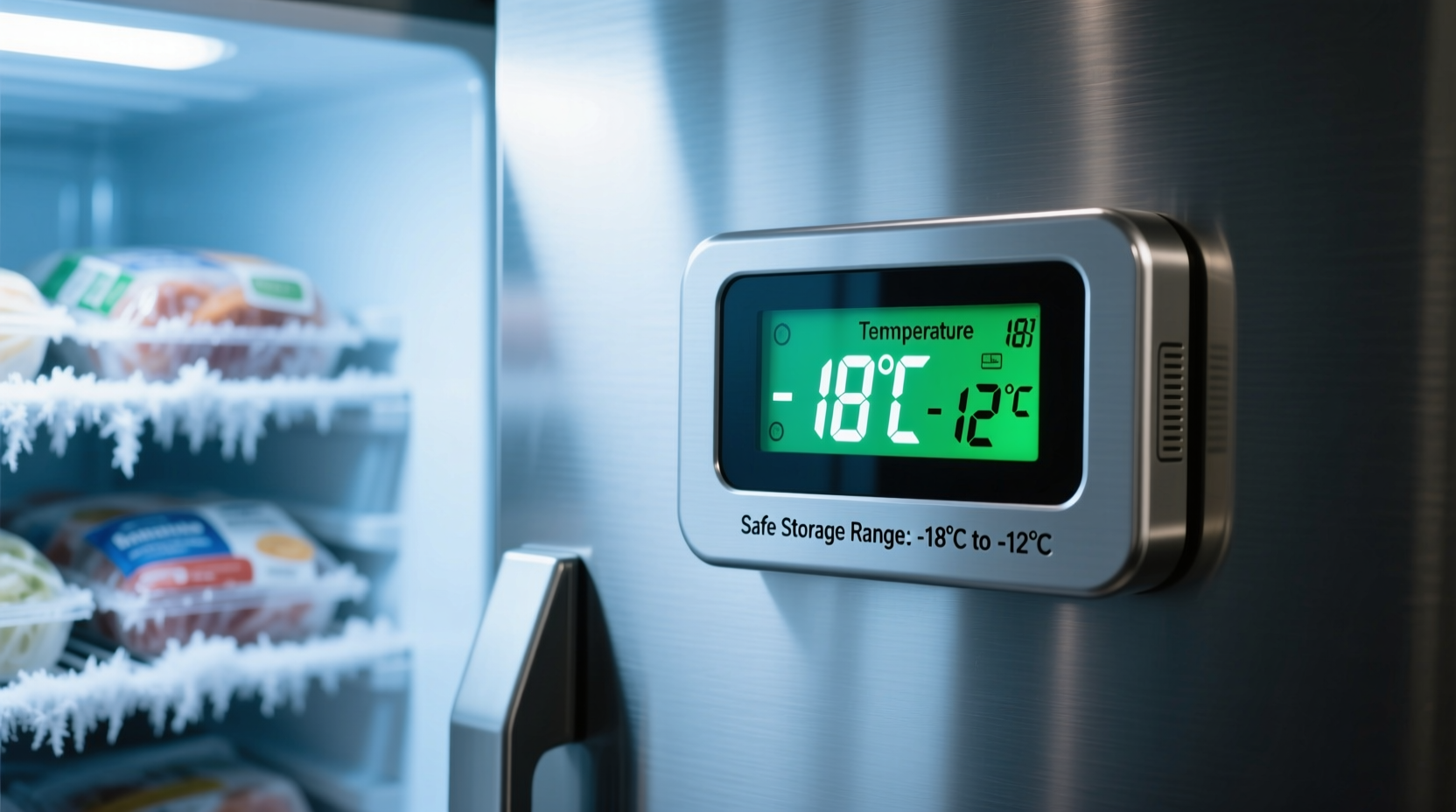 Freezer thermometer showing safe temperature range