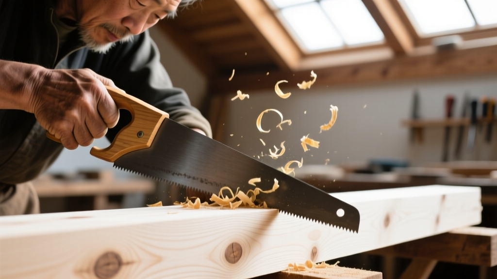 Close-up of a master carpenter using a Japanese Ryoba pull saw to make a precise crosscut on a piece of raw white oak timber