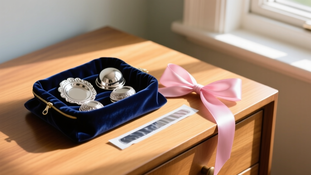Brighton silver pieces resting in a dark velvet pouch beside an anti-tarnish strip and a pink silk ribbon on a warm wooden dresser