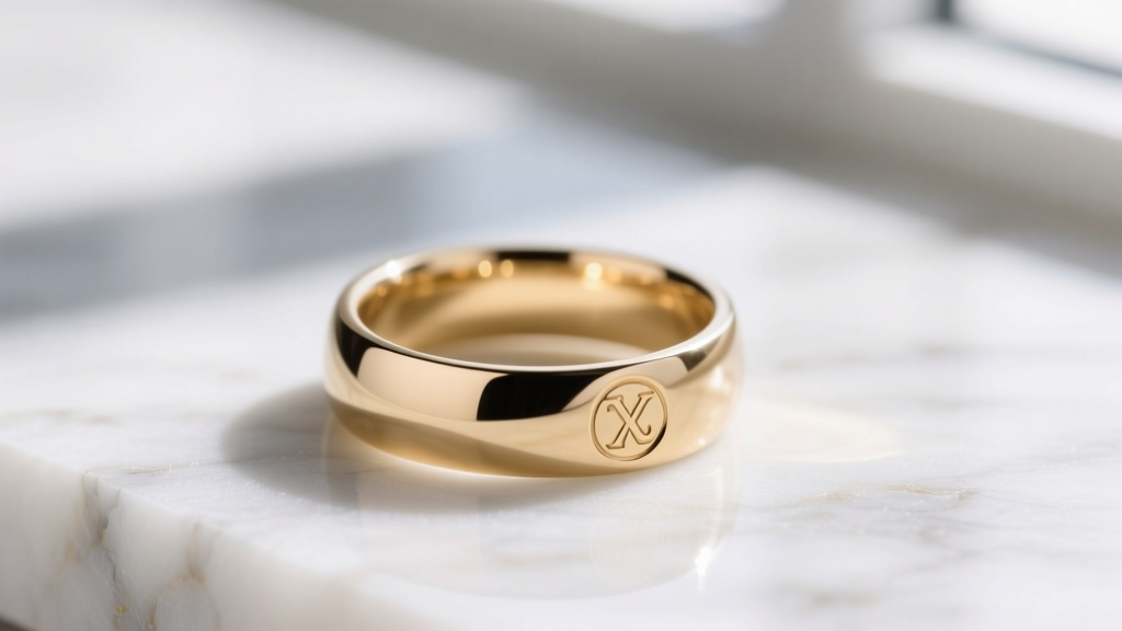 Macro photograph of a pale gold signet ring on white marble, highlighting its soft, muted champagne-yellow metallic luster.