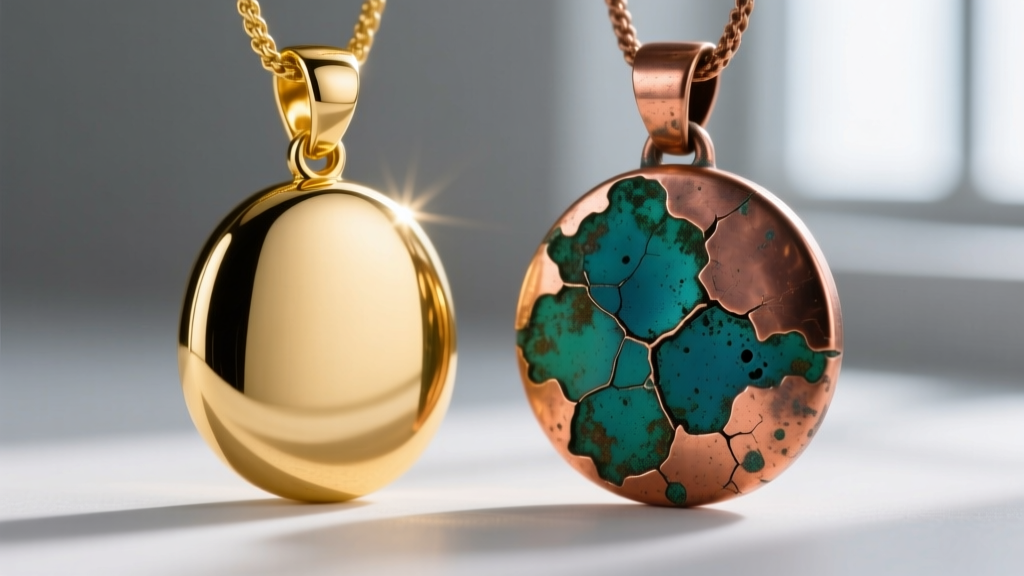 Macro view of a dusty gold-dipped pendant next to one with copper tarnish bleeding through the porous electroplated surface layer.
