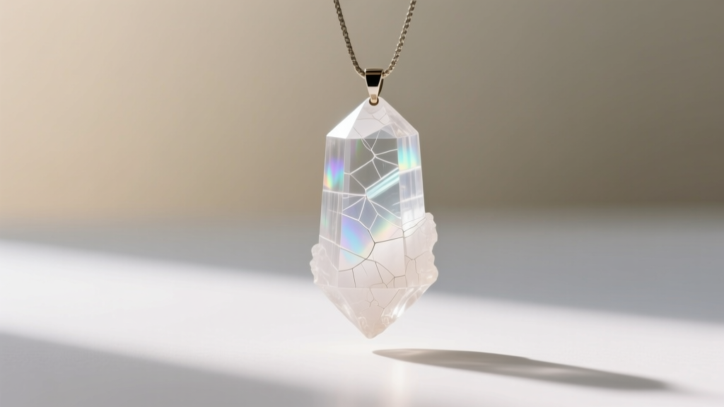 Translucent selenite tower pendant with visible fibrous cleavage planes, illuminated by backlighting to show internal striations
