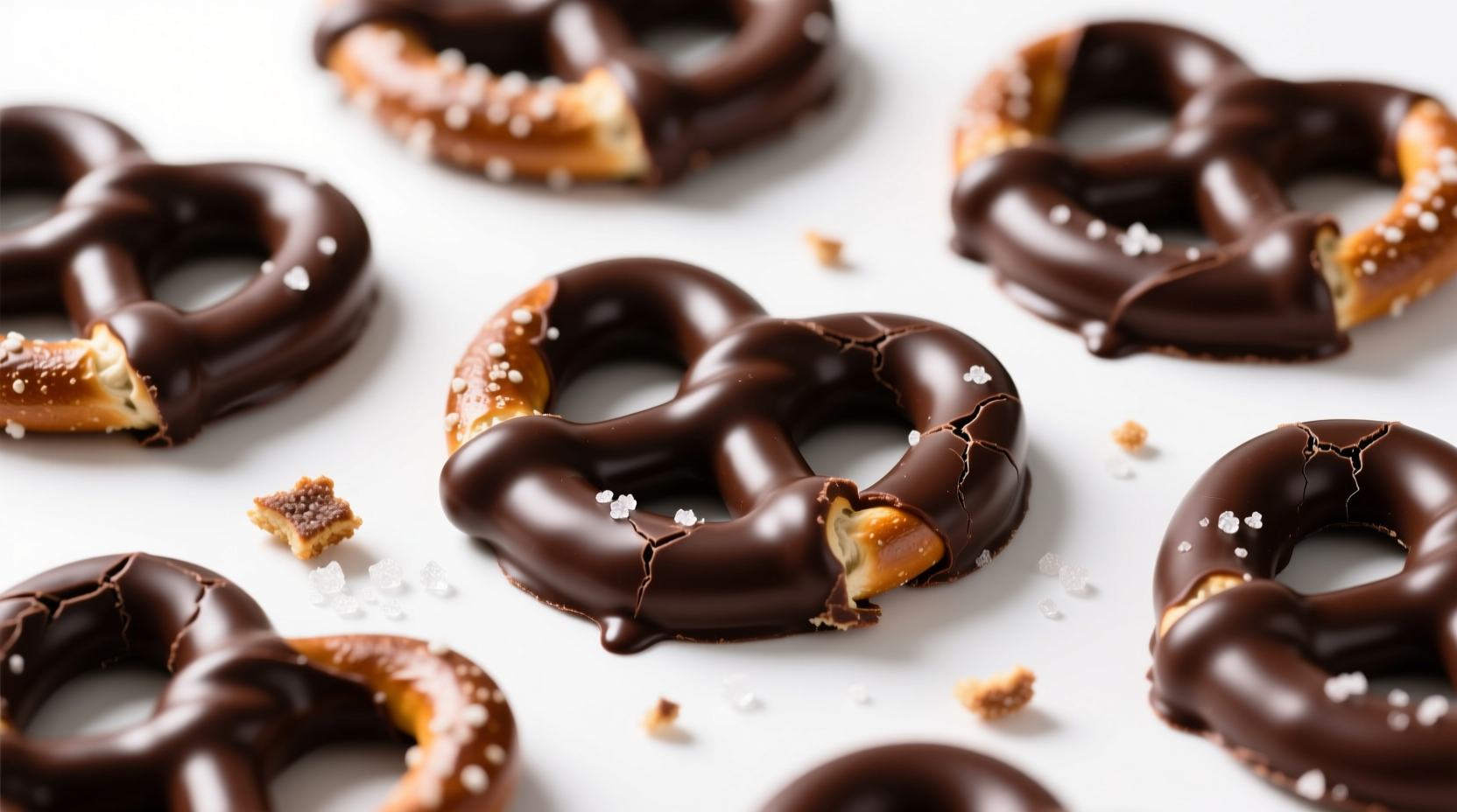 Chocolate covered pretzels on white background