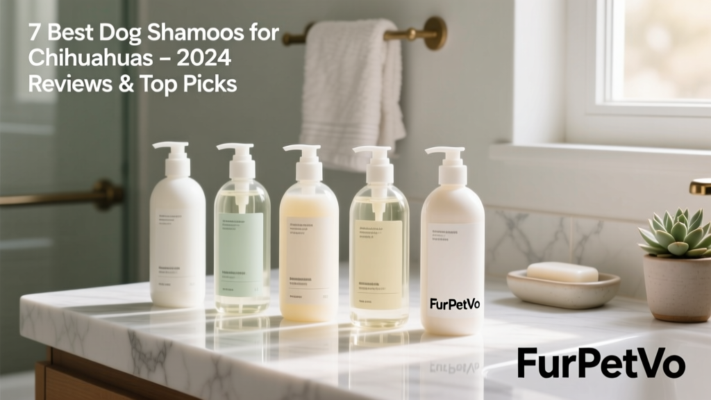 Side-by-side comparison of six FurPetVo shampoo bottles arranged neatly on a clean bathroom counter