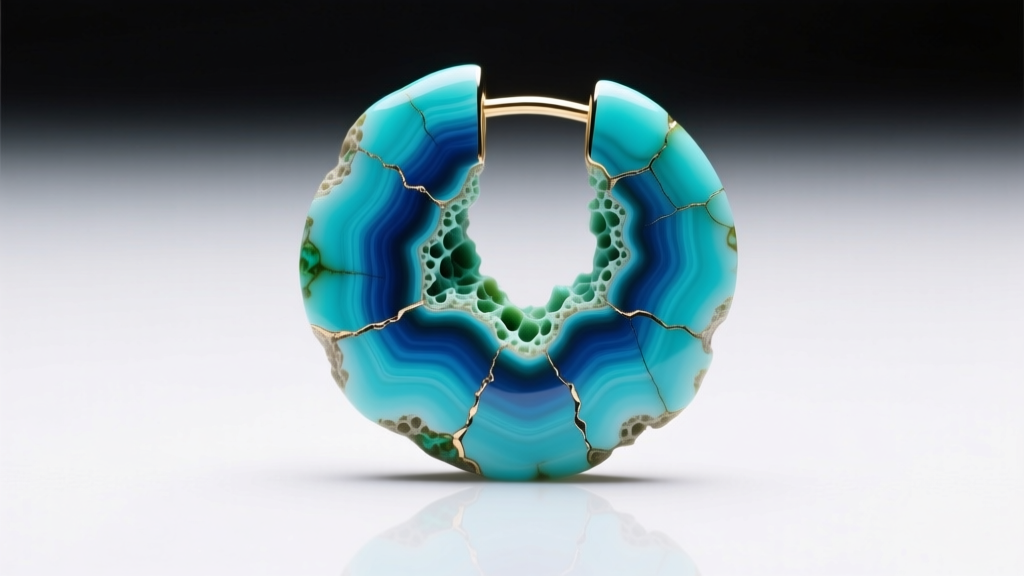 Macro shot showing concentrated dye lines in the crevices of a dyed howlite earring masquerading as a natural turquoise gemstone.