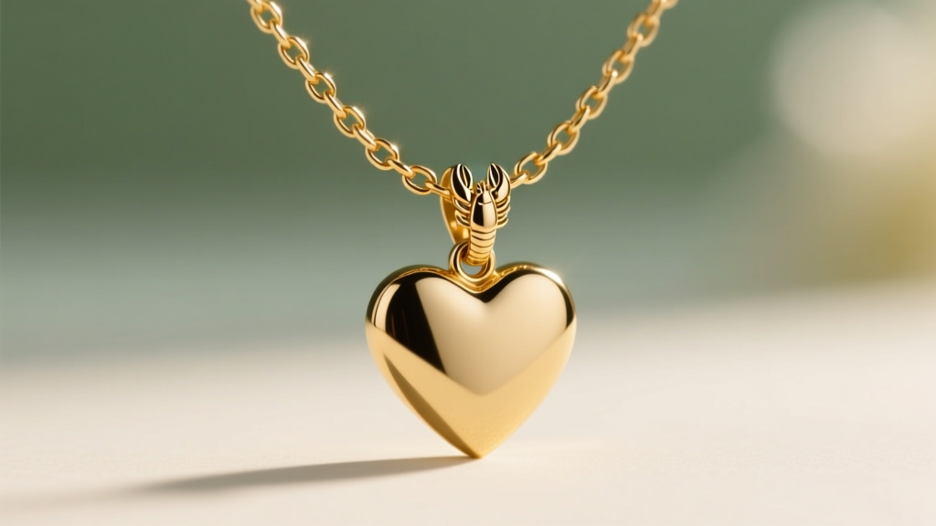 Macro view of a 1.0mm gold box chain connecting to a small lobster clasp on a heart pendant, against a soft blurred backdrop.