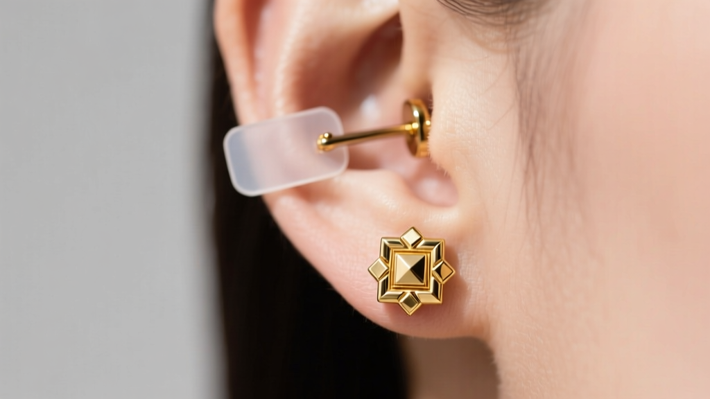 Heavy gold stud earring secured on an earlobe using a specialized La Pousette locking back and a clear silicone support patch.