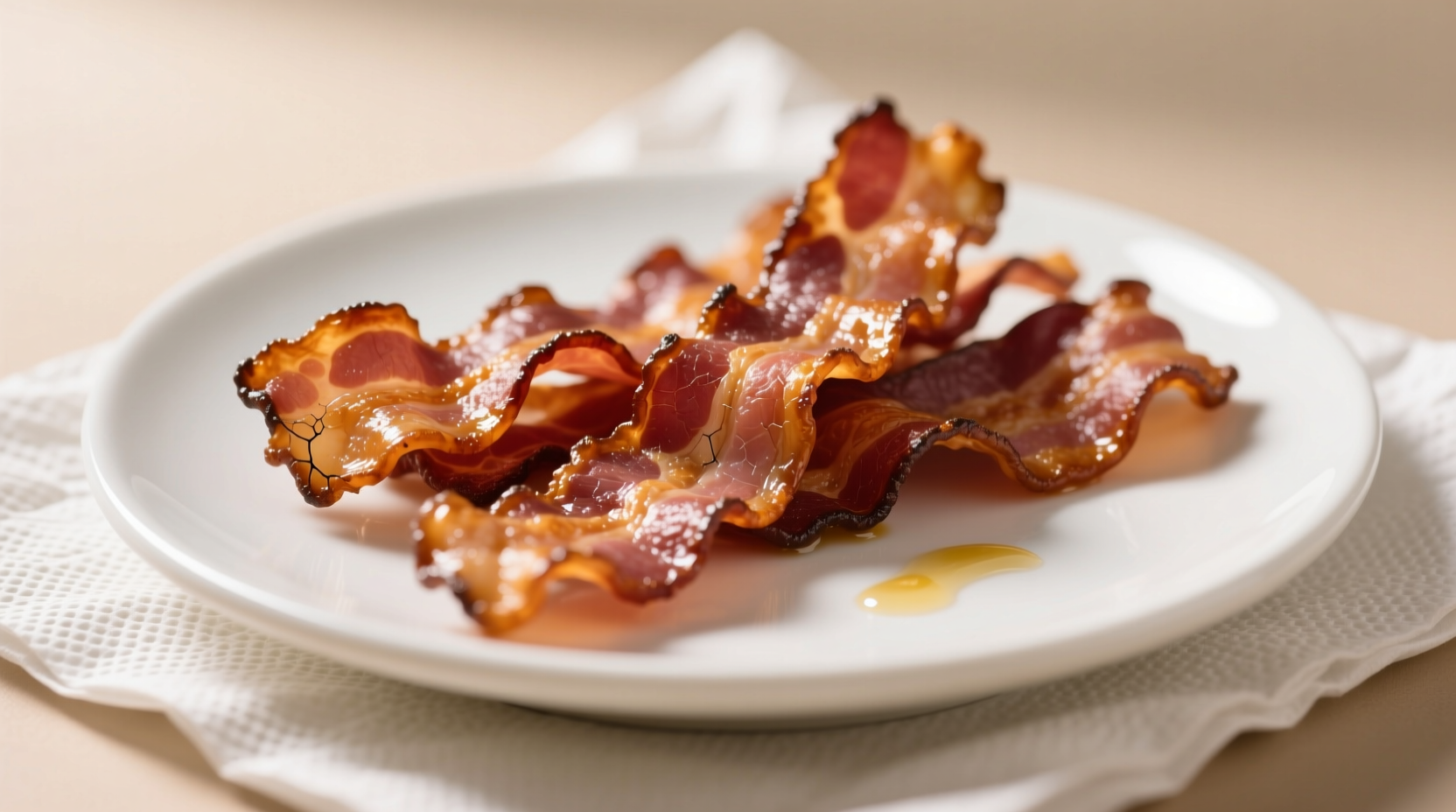 Crispy bacon strips on white plate with paper towels