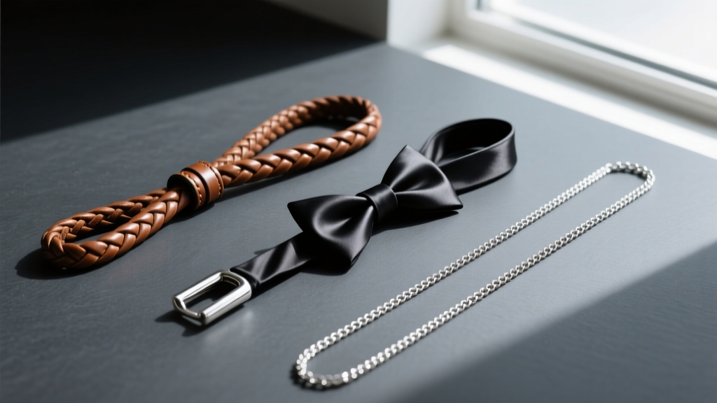 Flat lay of three silver bolo tie cords: braided brown leather, black silk, and a delicate silver chain on a dark slate background.