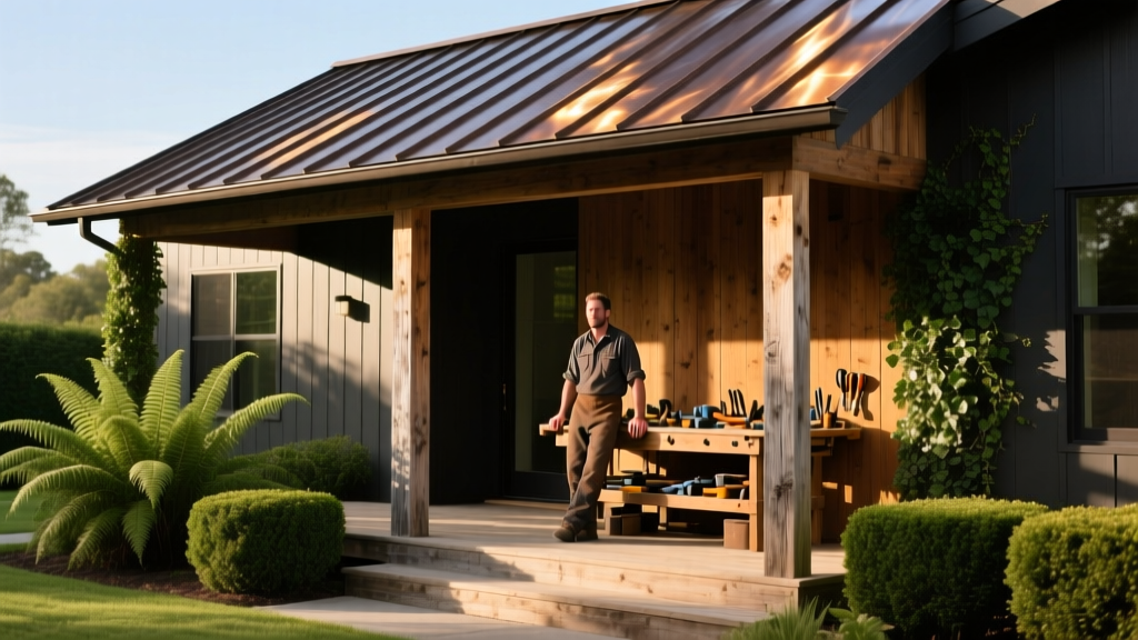 Craftsman front porch with a dark bronze standing seam metal roof reflecting sunlight, framed by wooden columns and green landscaping.