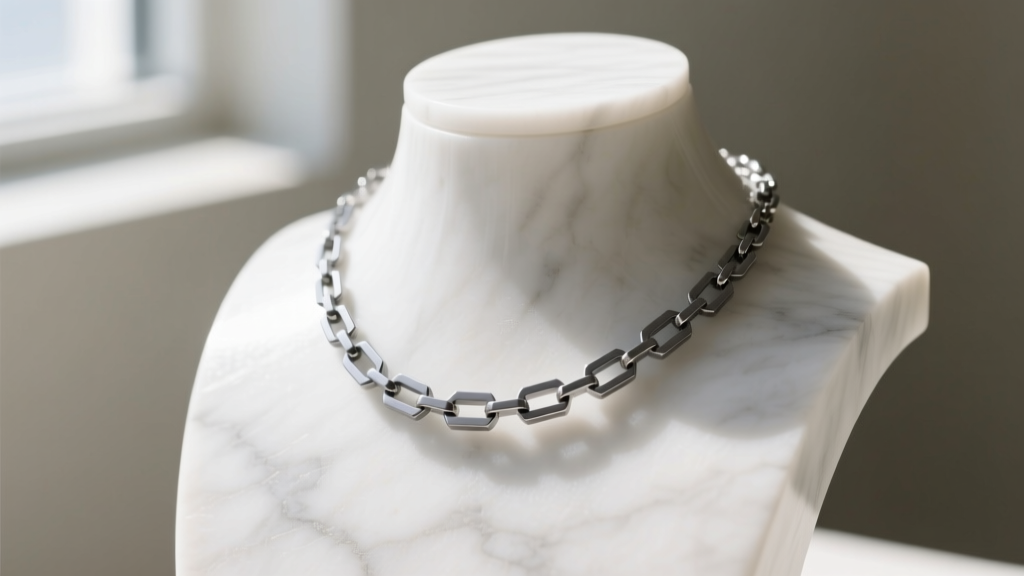 Minimalist Japanese aerospace titanium chain necklace with a matte grey finish, draped over a smooth white marble jewelry bust.