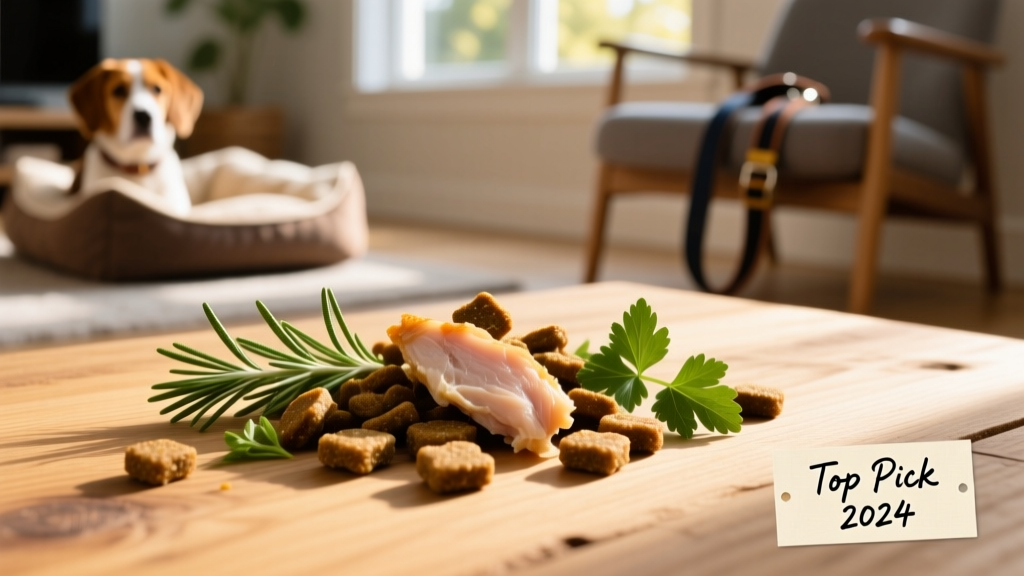 Close-up of kibble showing visible pieces of dried chicken and herbs, scattered on a clean wooden surface