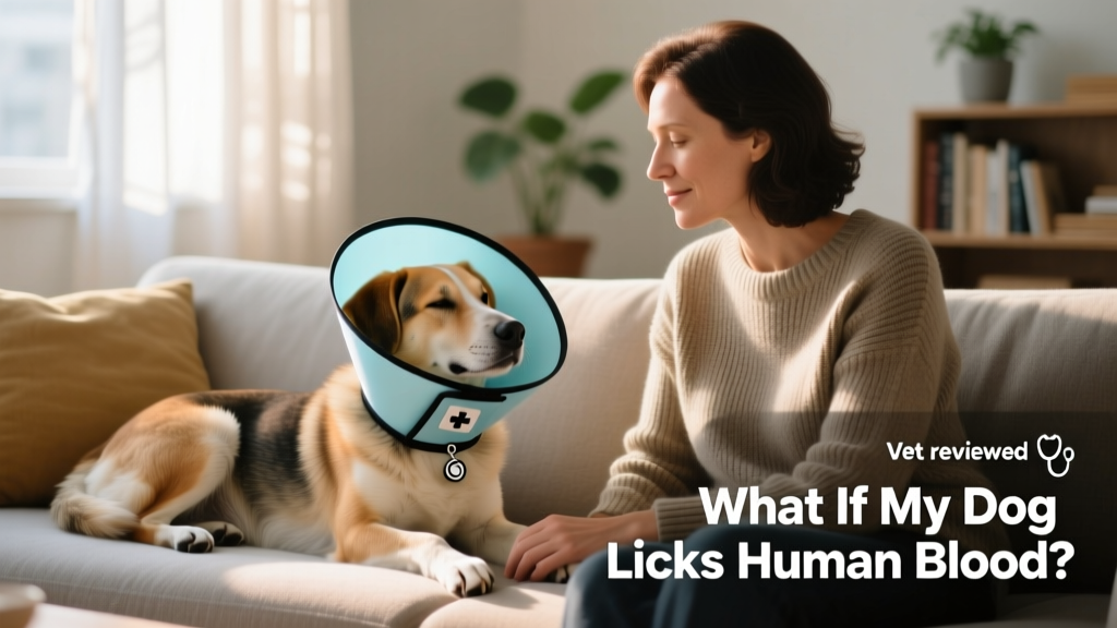 Dog wearing a soft, breathable recovery collar while resting calmly beside its owner on the couch