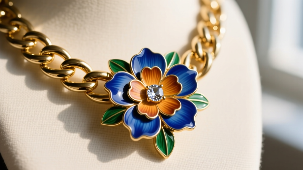 Vintage Joan Rivers interchangeable necklace close-up showing a thick Russian gold base chain and a large enameled floral pendant.