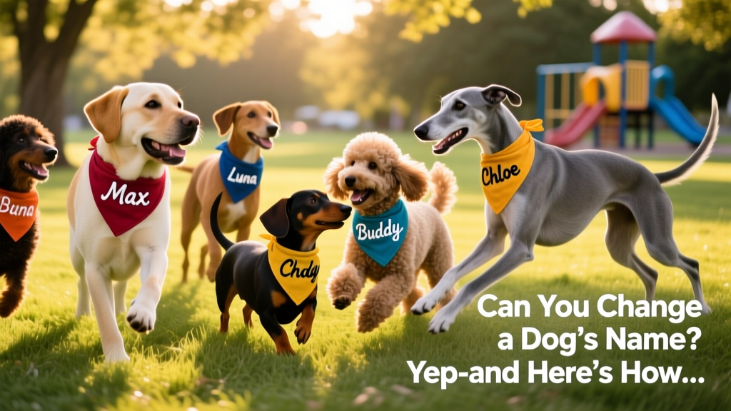 A diverse group of dogs of different breeds and sizes enjoying playtime in a grassy park, each wearing a colorful bandana with their name embroidered on it