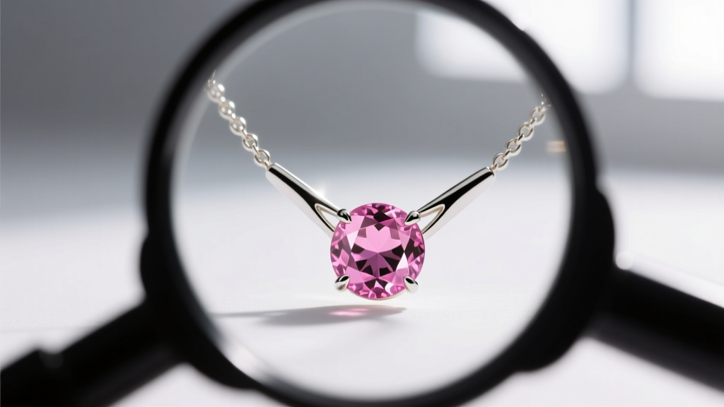 Macro shot of a loupe inspecting white gold prongs holding a round pink tourmaline stone in a delicate tennis necklace setting