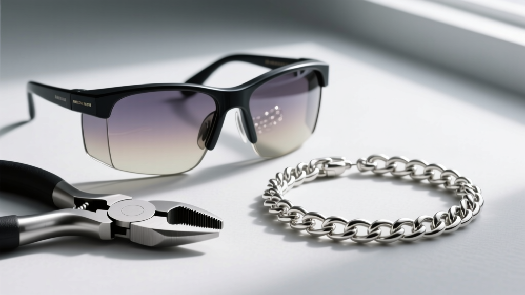 Auto-darkening welding safety glasses resting next to flush cutters and a welded sterling silver permanent chain bracelet