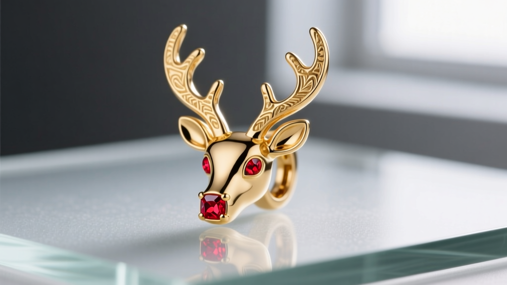 Detailed macro view of a gold vermeil Rudolph reindeer earring with a glowing red cubic zirconia nose, displayed on frosted glass.