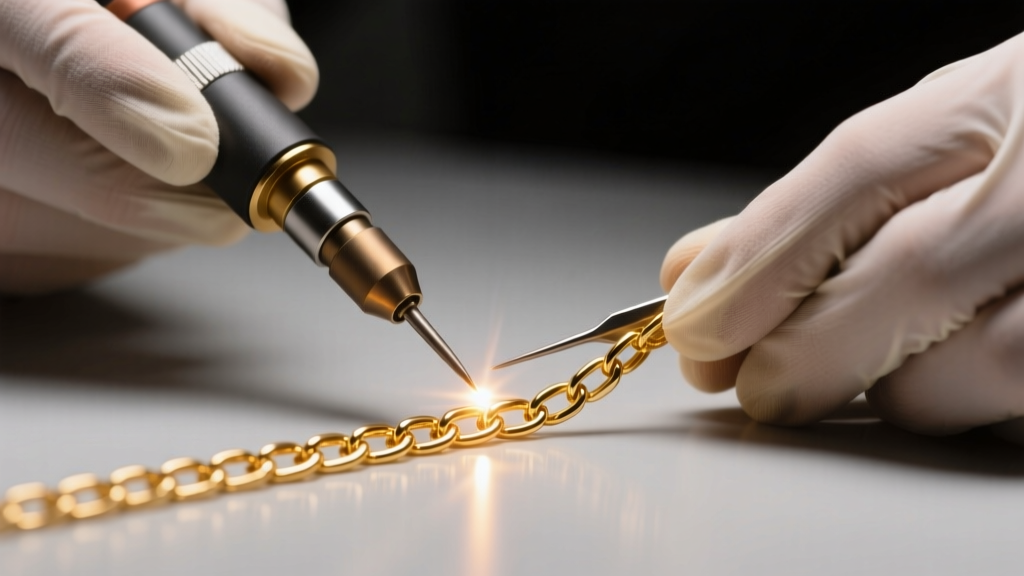 Close-up of a jeweler using a laser welder to repair a delicate 18k gold chain link under bright bench lighting in a studio