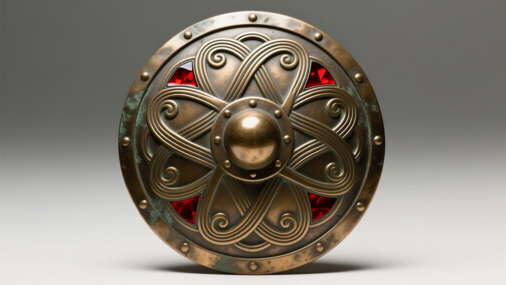 Macro shot of bronze Celtic shield boss featuring deep repoussé La Tène curvilinear motifs and traces of red glass enamel inlay.