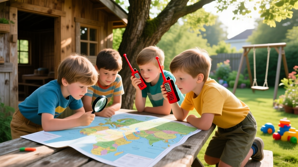 Kids aged 8-10 in a treehouse using walkie-talkies and a magnifying glass on a map during a sunny backyard spy mission.