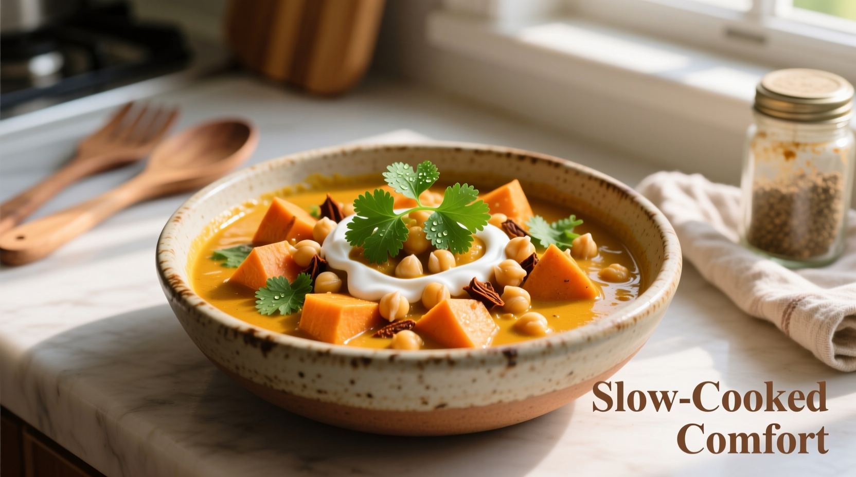 Sweet potato chickpea curry in ceramic bowl with fresh cilantro