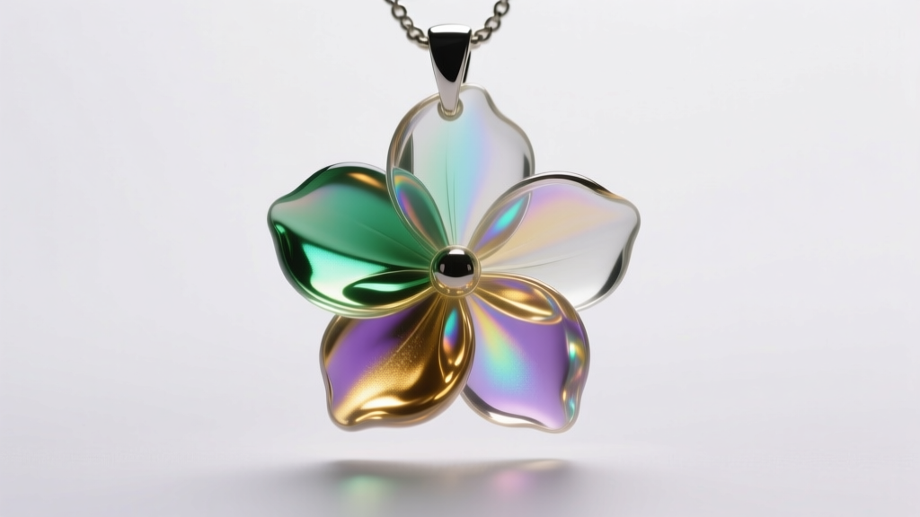 Macro shot of a dichroic glass floral pendant showing iridescent metallic flecks inside clear petals under soft studio lighting.