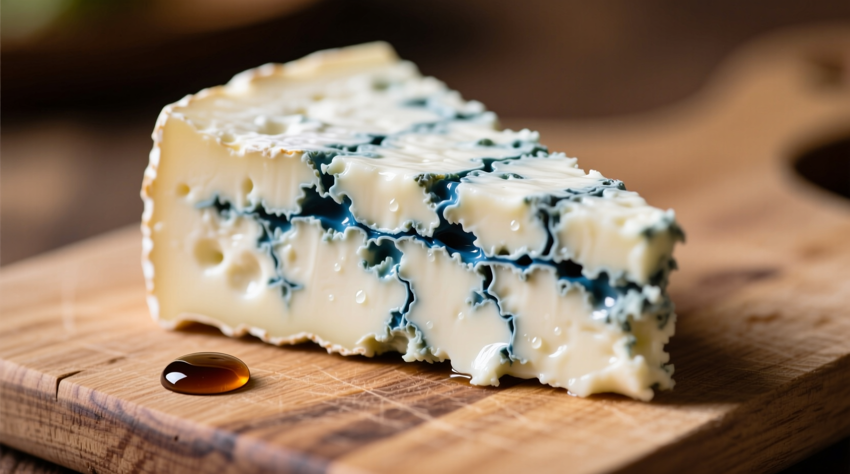 Slice of creamy gorgonzola cheese showing blue veins