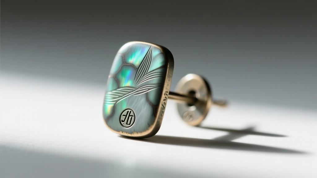 Macro photography of a vintage Shibuichi earring post showing the distinct grey-green patina and a tiny artisan hallmark stamp