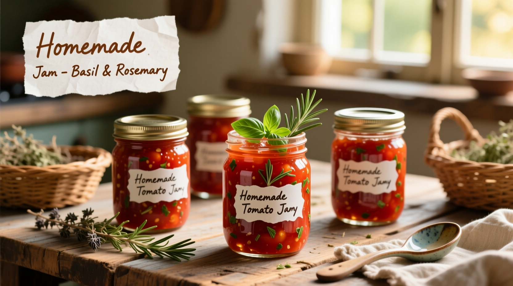 Fresh tomato jam in mason jars with herbs