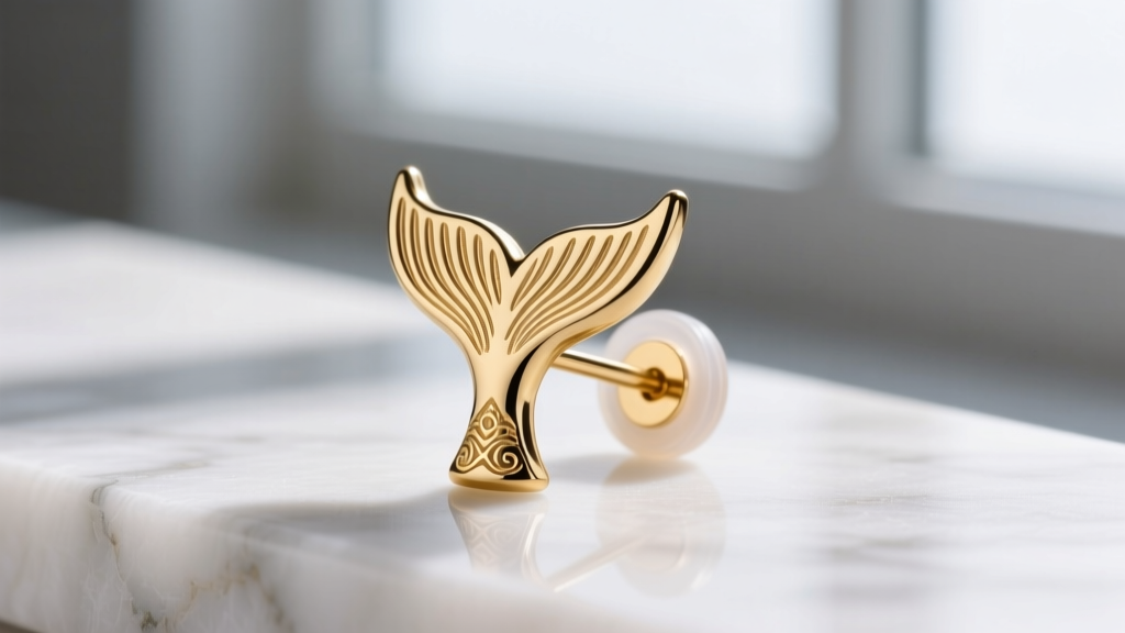 Macro view of a 14k solid gold whale tail stud earring on marble, showing fluke ridges and a clear silicone friction backing.