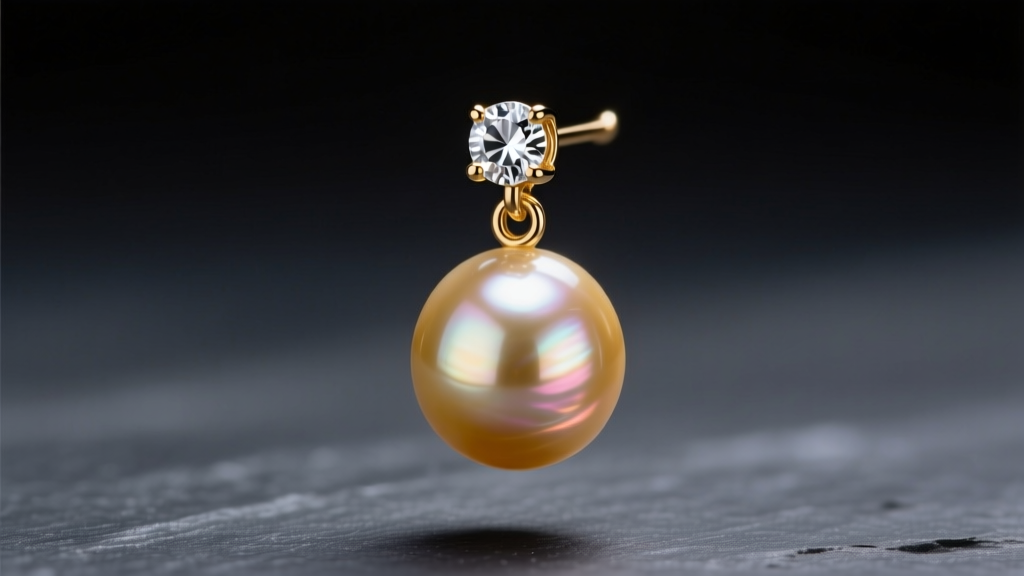 Macro shot of a 12mm golden South Sea pearl drop earring with diamond cap on dark charcoal slate under dramatic studio lighting
