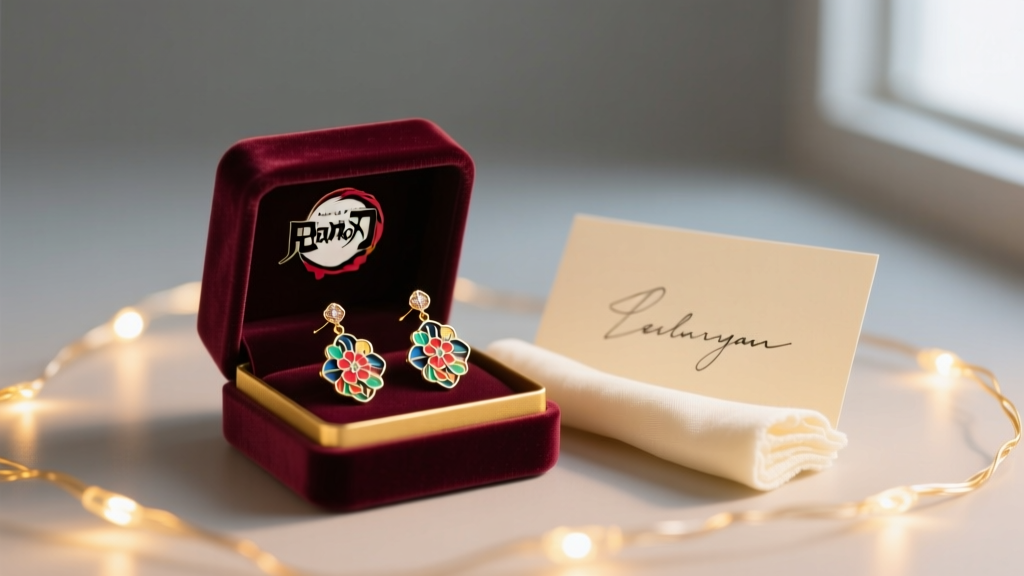 Velvet gift box displaying Demon Slayer Hanafuda earrings, polishing cloth, and handwritten note illuminated by warm fairy lights.