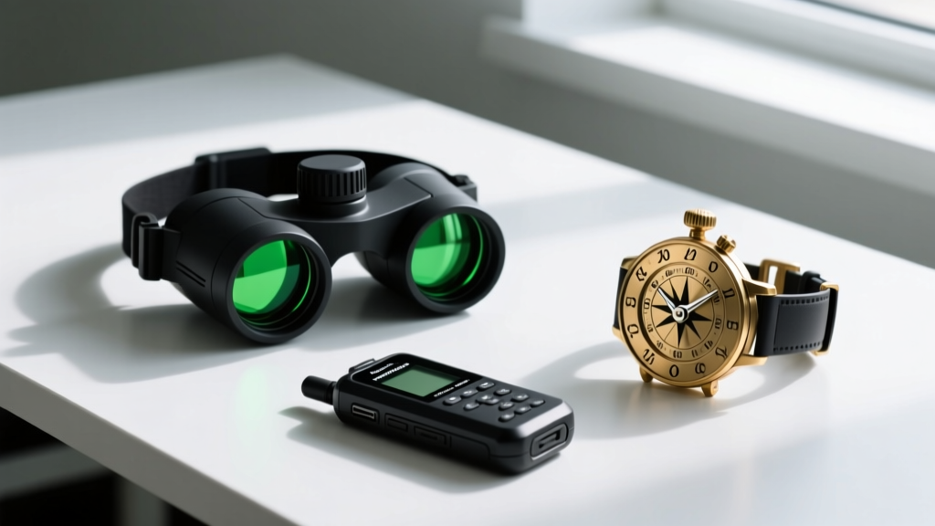 Kids night vision goggles and a digital voice recorder disguised as a wristwatch resting on a desk next to a cipher wheel.