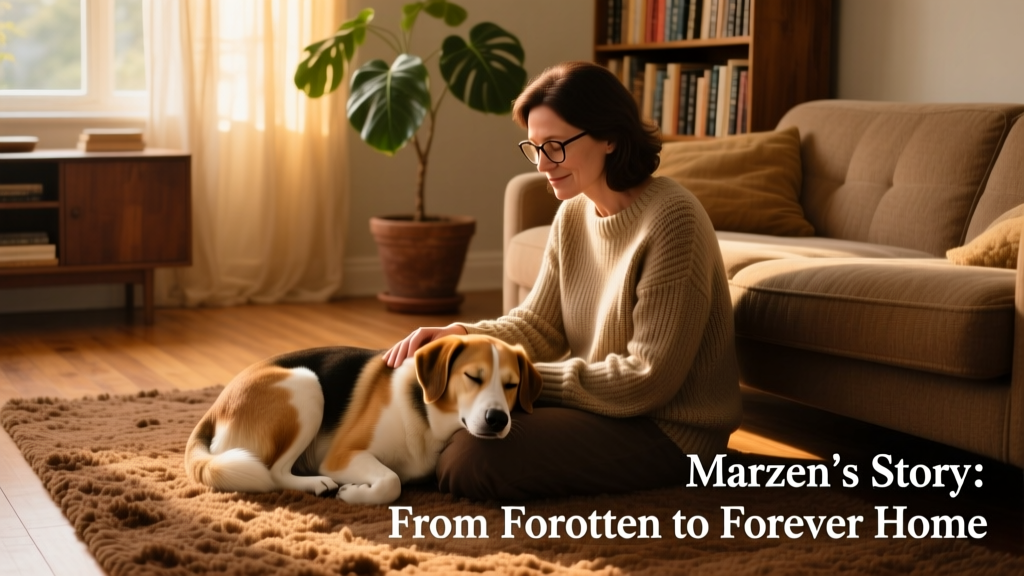 Marzen curled up beside her adopter on a cozy living room rug, both relaxed and content