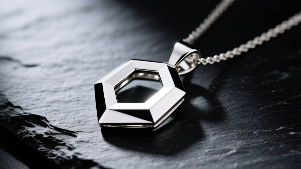 Close-up of a 950 palladium pendant on dark slate, highlighting its natural bright white luster and modern geometric edges.