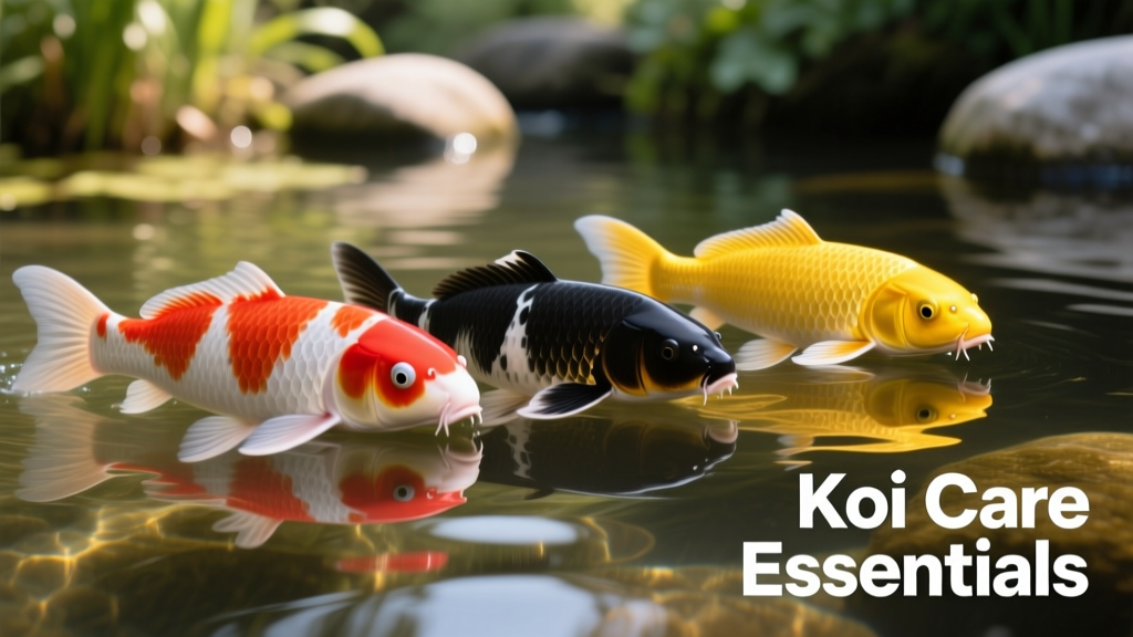 A close-up of three healthy koi—a red-and-white Kohaku, a black-and-white Showa, and a yellow-and-orange Yamabuki—swimming side-by-side in clear water
