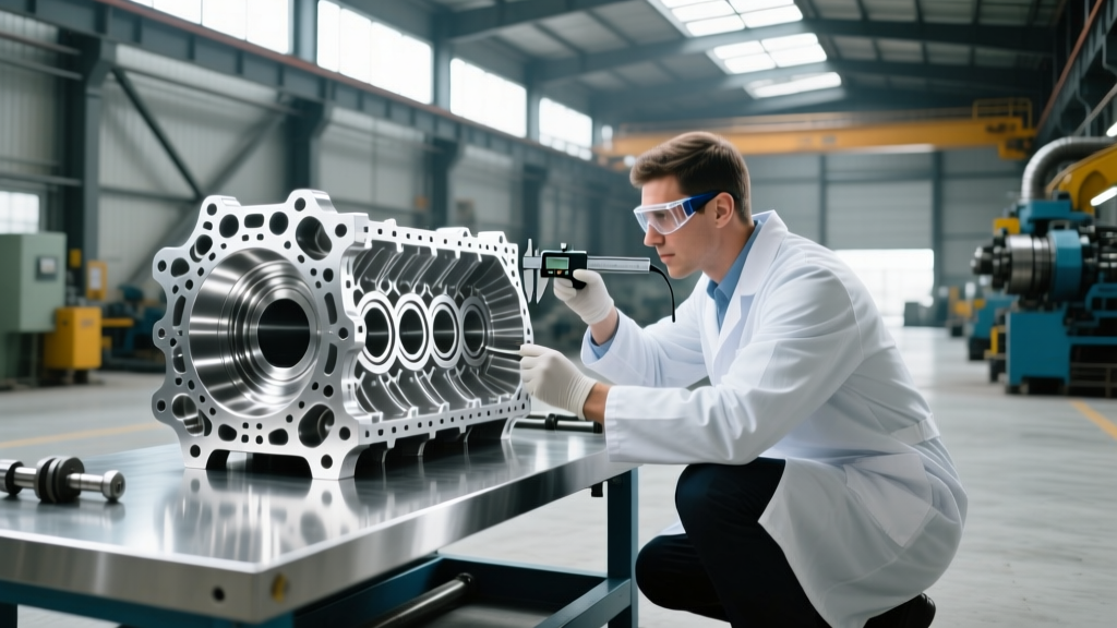 Aluminum-silicon alloy engine block being inspected by an engineer inside a heavy construction equipment manufacturing foundry facility