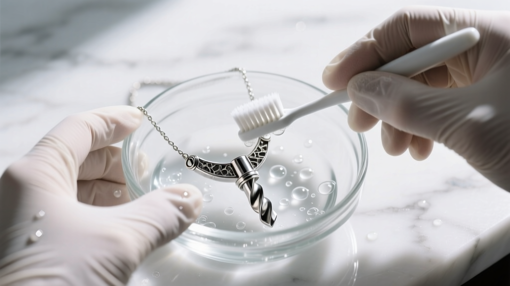 Hands in nitrile gloves scrubbing a silver cast core drill necklace with a soft toothbrush and soapy water in a small glass bowl.