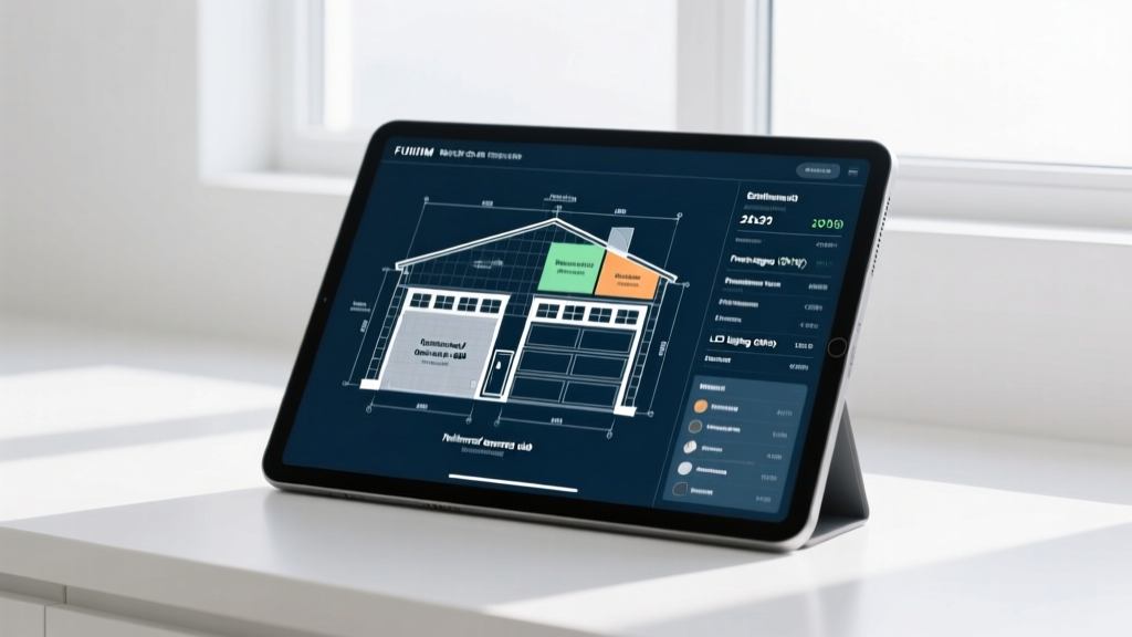 Architectural blueprint overlay on a tablet showing a 24x24 two-car garage floor plan with detailed cost estimation columns and material lists