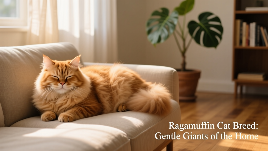 A fluffy, caramel-colored Ragamuffin cat resting peacefully on a sunlit sofa, eyes half-closed in contentment