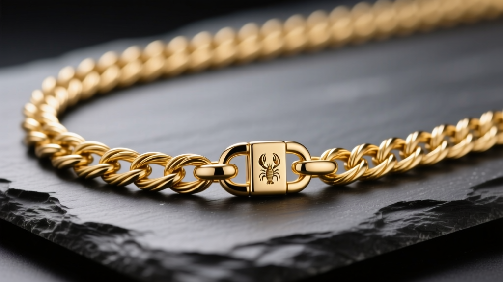 Close-up of an 18-inch 14k gold cable chain on dark slate, soft studio light highlighting the tiny 5x9mm lobster clasp detail.
