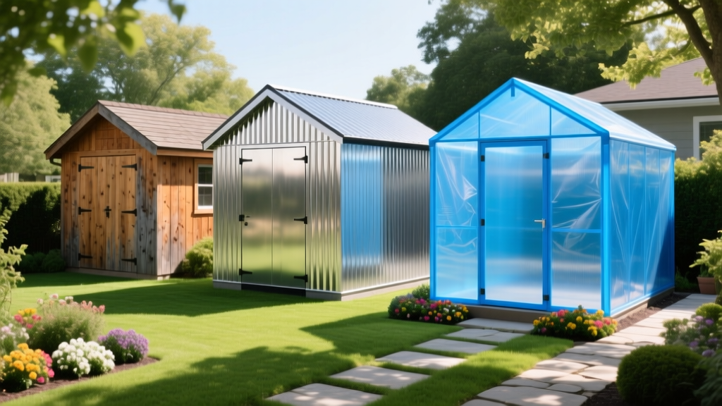 Cedar wood shed, galvanized steel shed, and polyethylene resin shed standing side-by-side in a sunny landscaped backyard