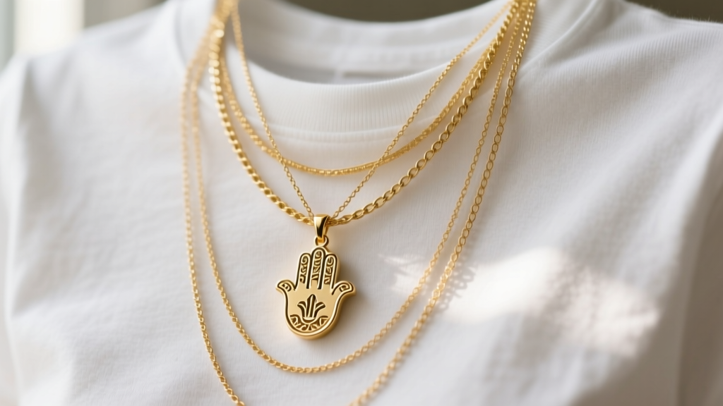 Layered gold necklaces of varying lengths, with a 16-inch Ava Ro hamsa pendant as the focal point against a crisp white t-shirt