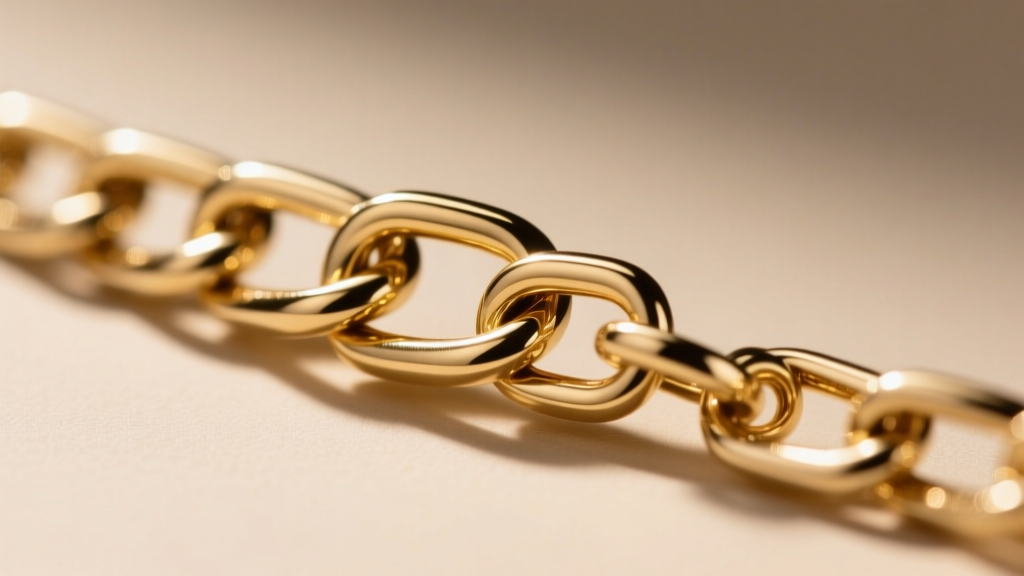 Close-up of a 14k gold paperclip chain clasp and extender, macro photography, soft natural light, highlighting metal polish.
