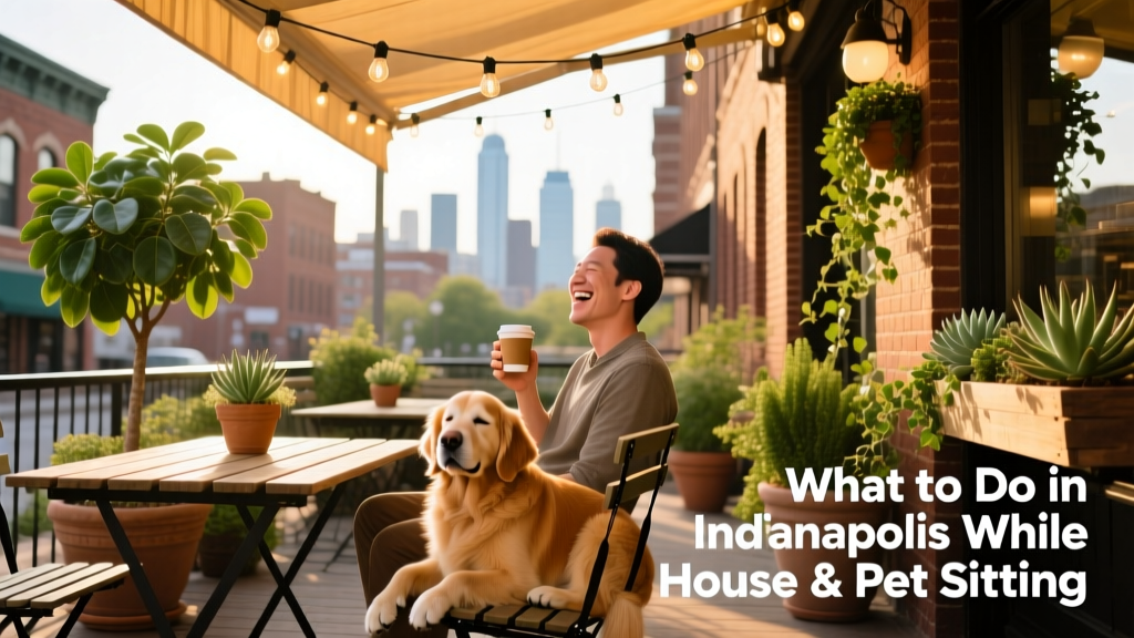 A sunlit outdoor patio at a downtown Indianapolis restaurant with string lights, potted plants, and a relaxed dog resting beside its owner’s chair