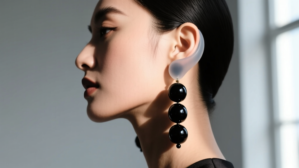 Side profile of a woman wearing heavy black glass beaded dangle earrings, showing a clear silicone back supporting the ear lobe